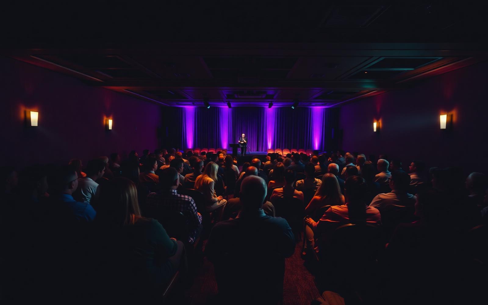 Intimate summit room with purple stage lighting